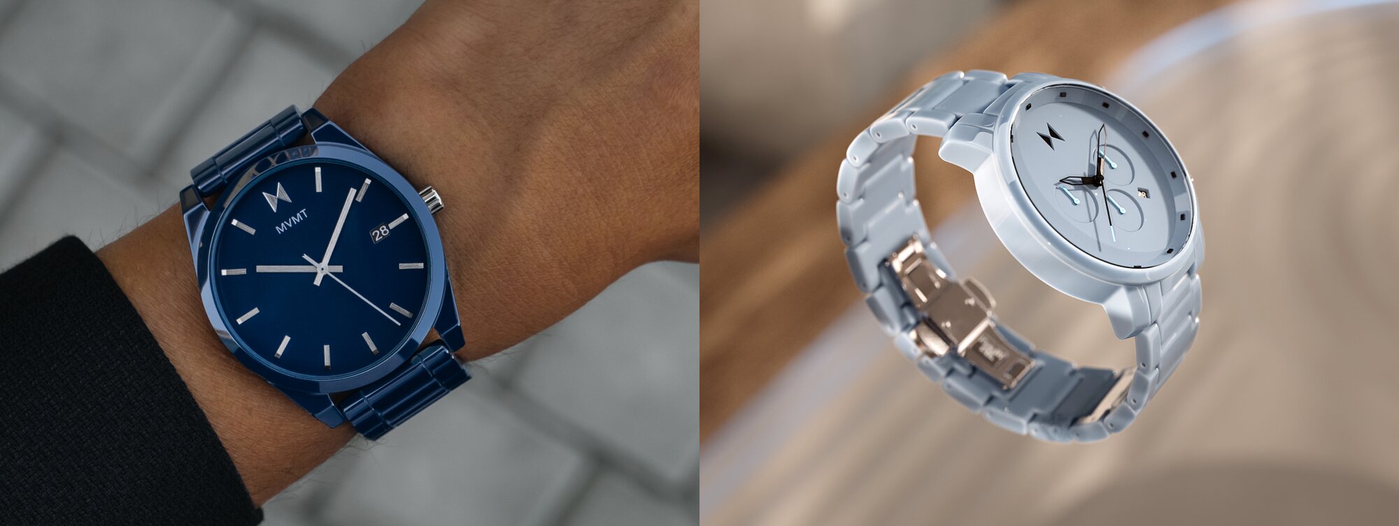 MVMT 3 watches - black watch watch underwater, white watch on wrist, black watch on hiker