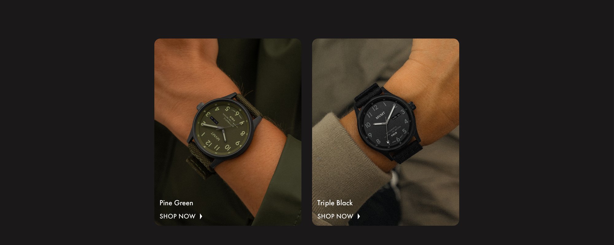 MVMT Field watches in Pine Green and Tripple Black