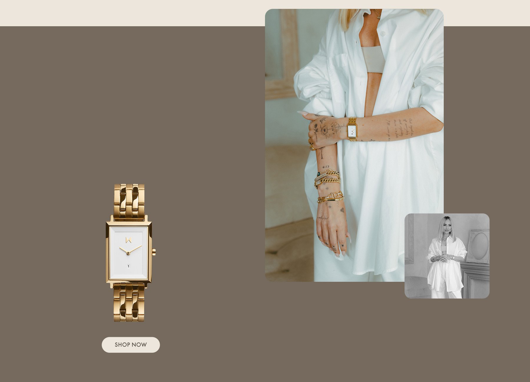 MVMT Charlie Gold signature square watch on Maeve Reilly wearing a white outfit