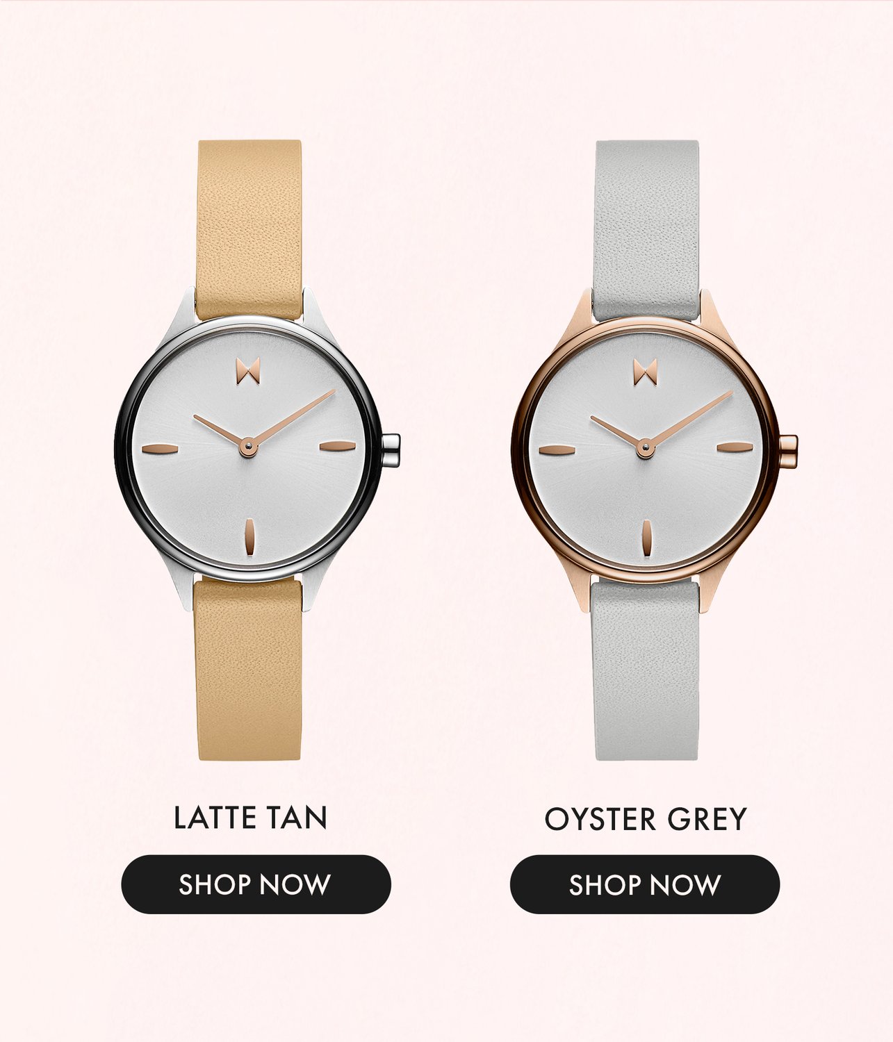MVMT Reina leather watches in latte tan and oyster grey