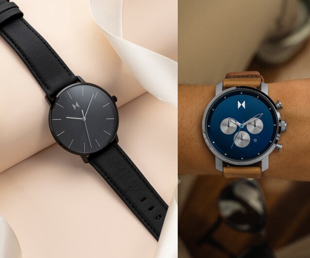 MVMT 3 watches - black watch watch underwater, white watch on wrist, black watch on hiker