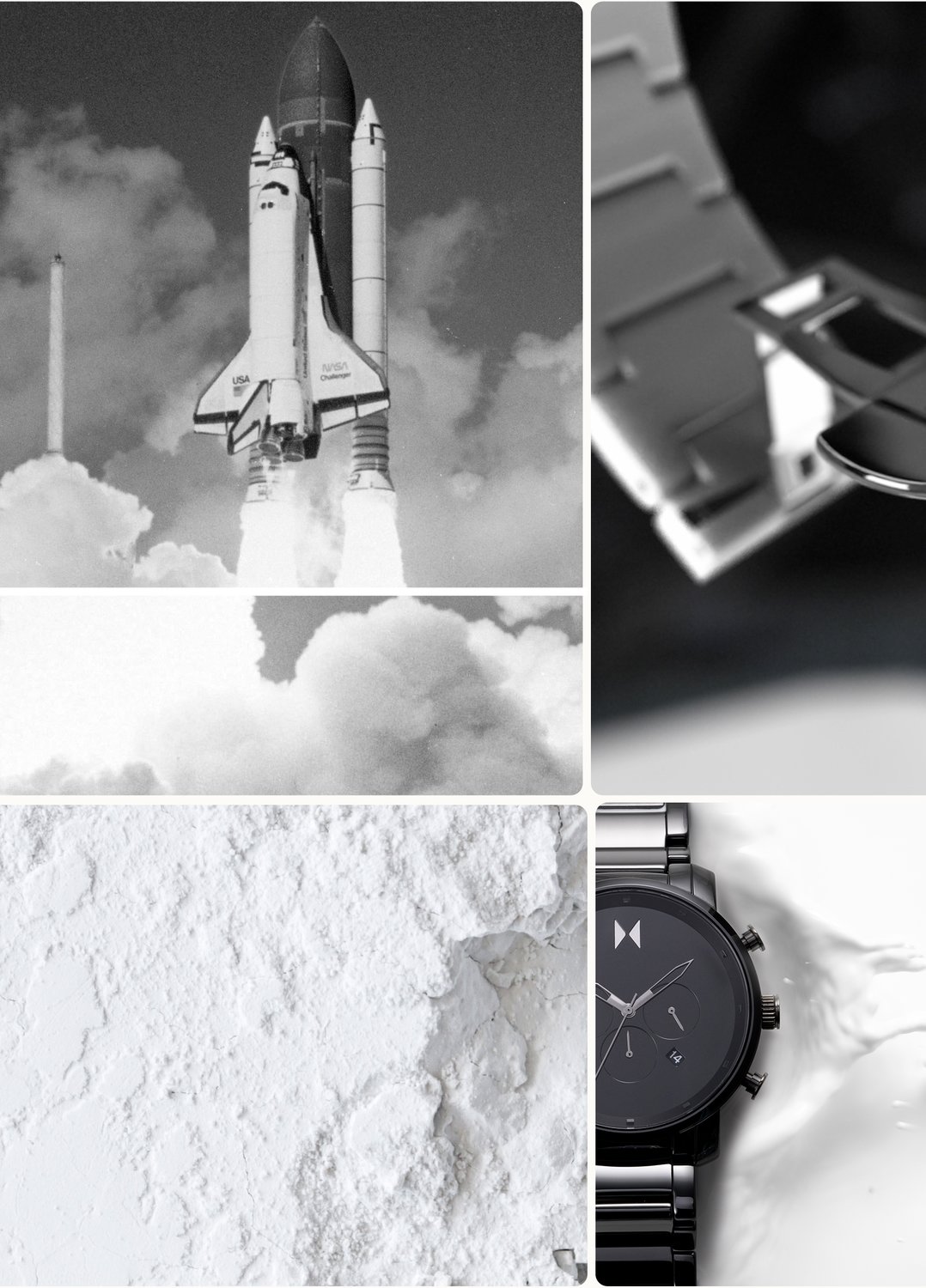 grid of rocket ship and ceramic material and MVMT ceramic watch