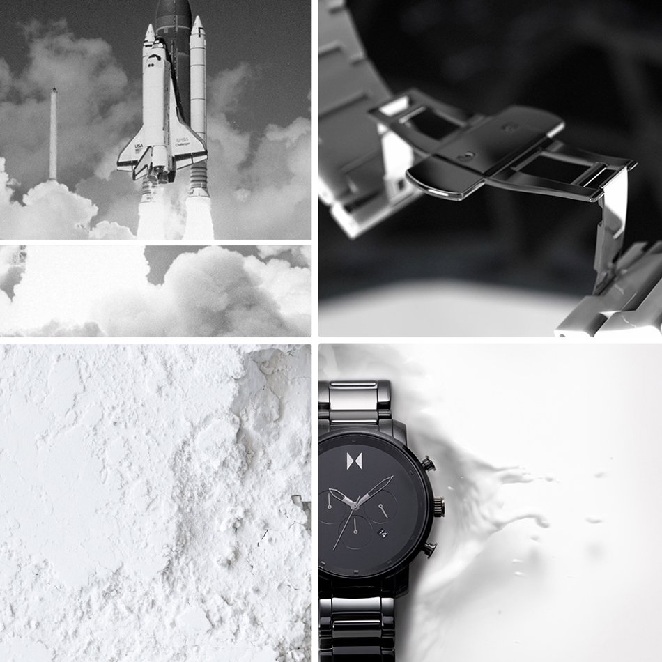 grid of rocket ship and ceramic material and MVMT ceramic watch