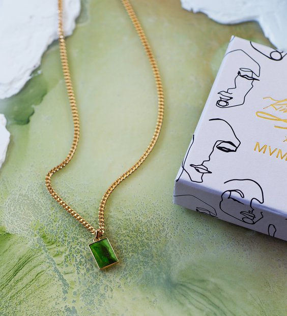 MVMT x Kim Rose green pendant necklace with gold chain