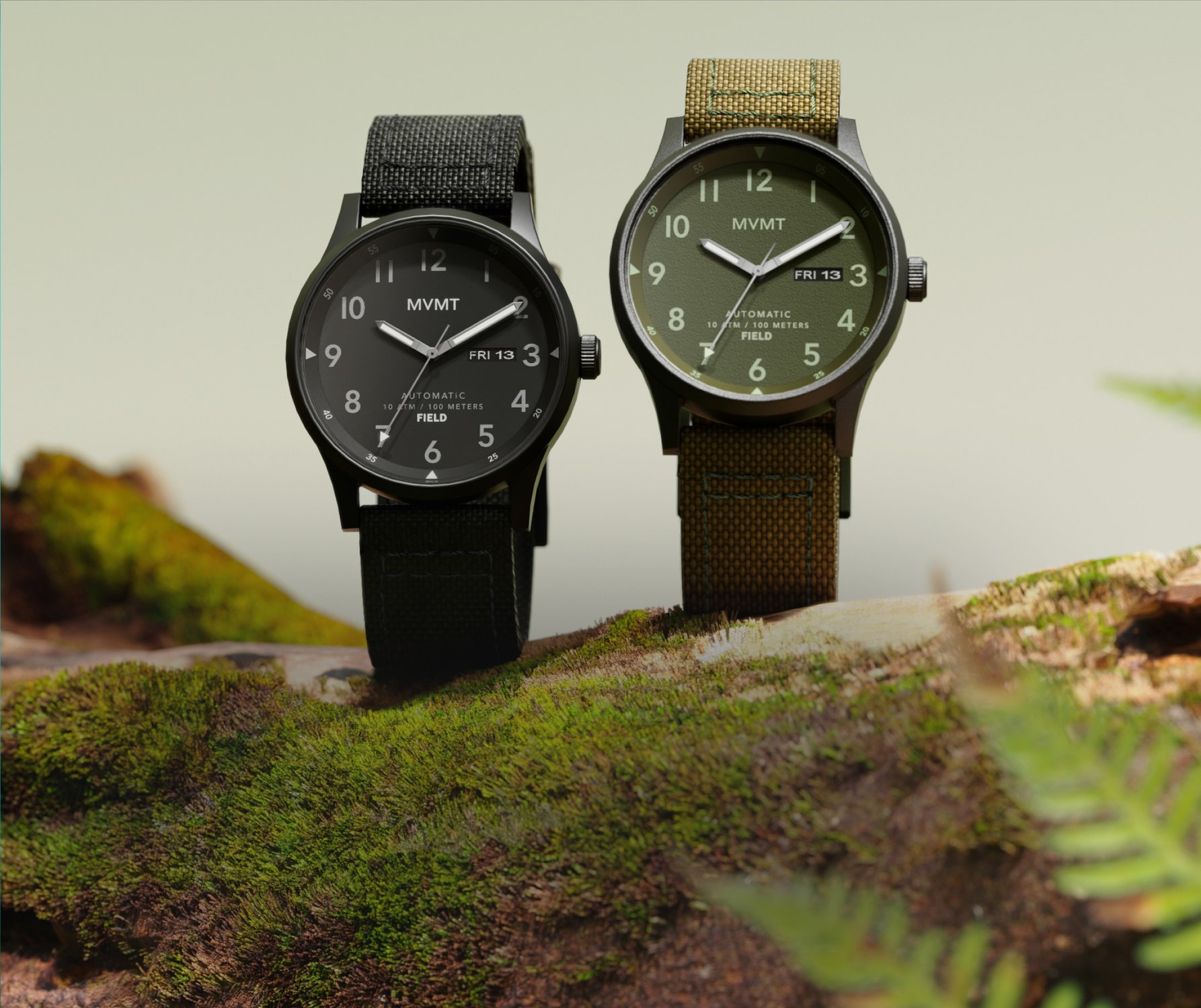 MVMT 2 field watches standing on a bed of moss