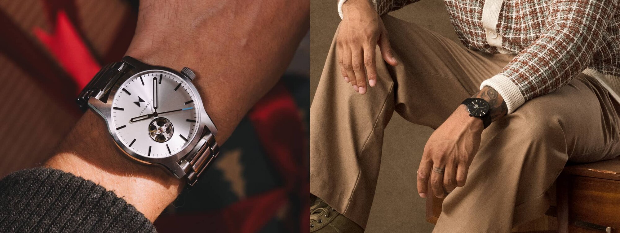 MVMT 3 watches - black watch watch underwater, white watch on wrist, black watch on hiker