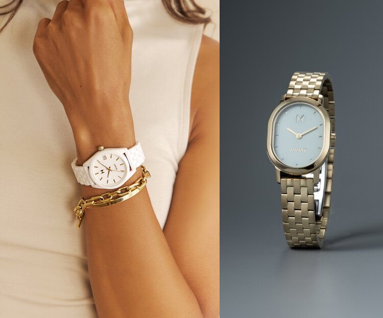 MVMT 3 watches - black watch watch underwater, white watch on wrist, black watch on hiker