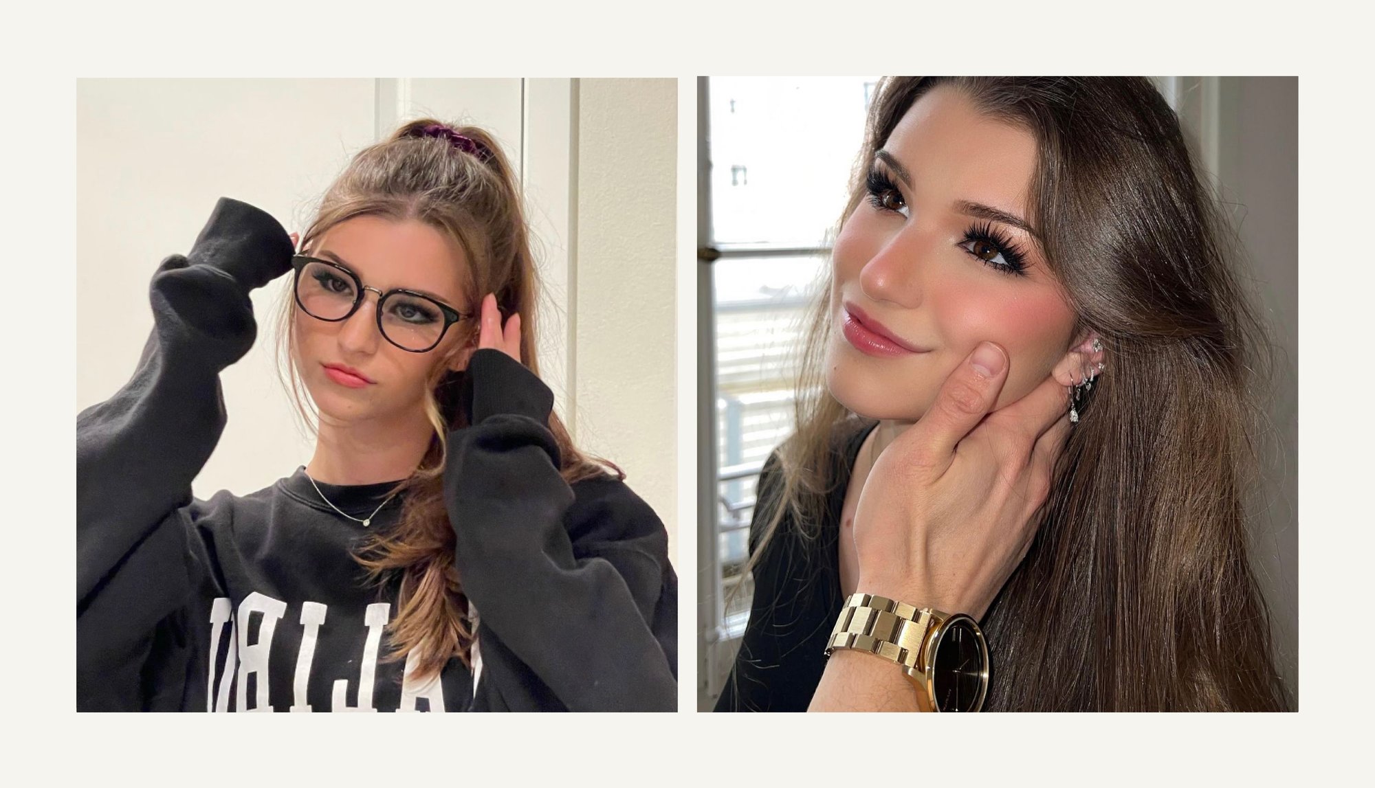Two images of Brooke Monk with MVMT everscroll glasses