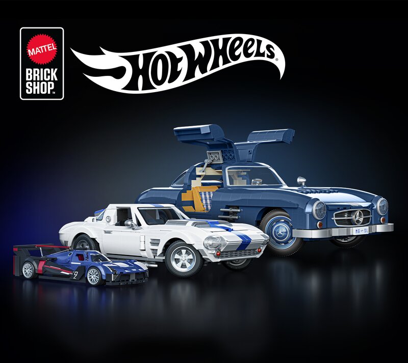 A set of three cars on a dark background. Logos overlaid include Mattel Brick Shop and Hot Wheels.
