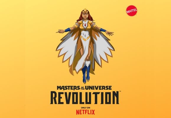 Teela floats above a Masters of the Universe Revolution logo in front of a yellow gradient background. Only on Netflix.