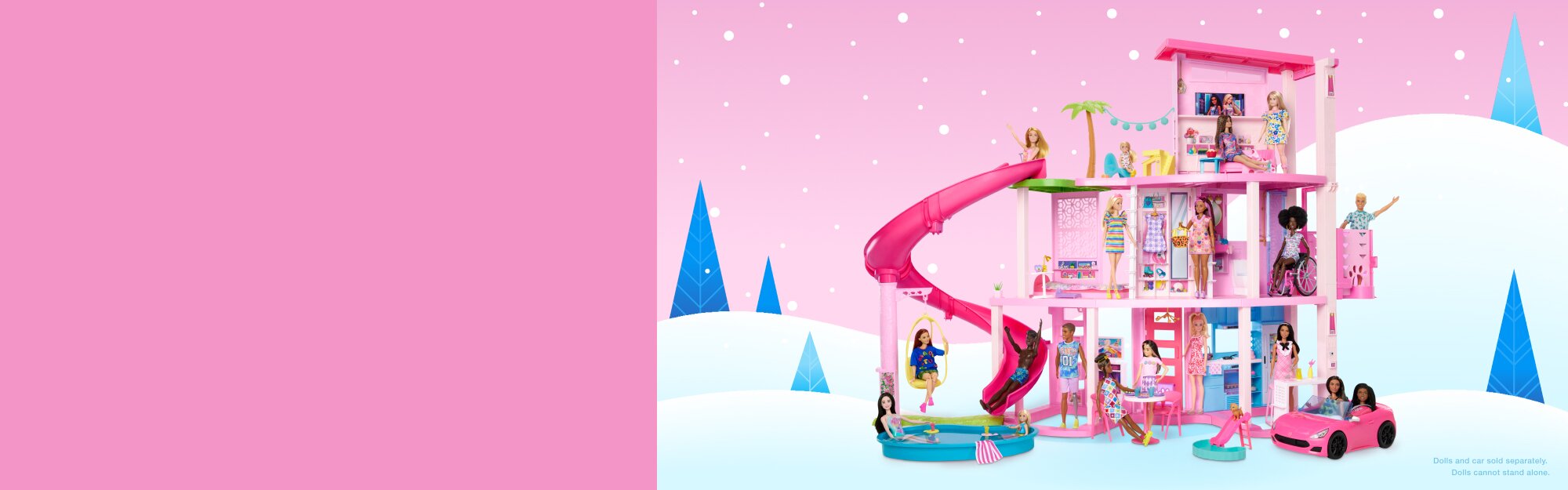 A festive Barbie Dream House filled with an assortment of Barbies and Kens. 