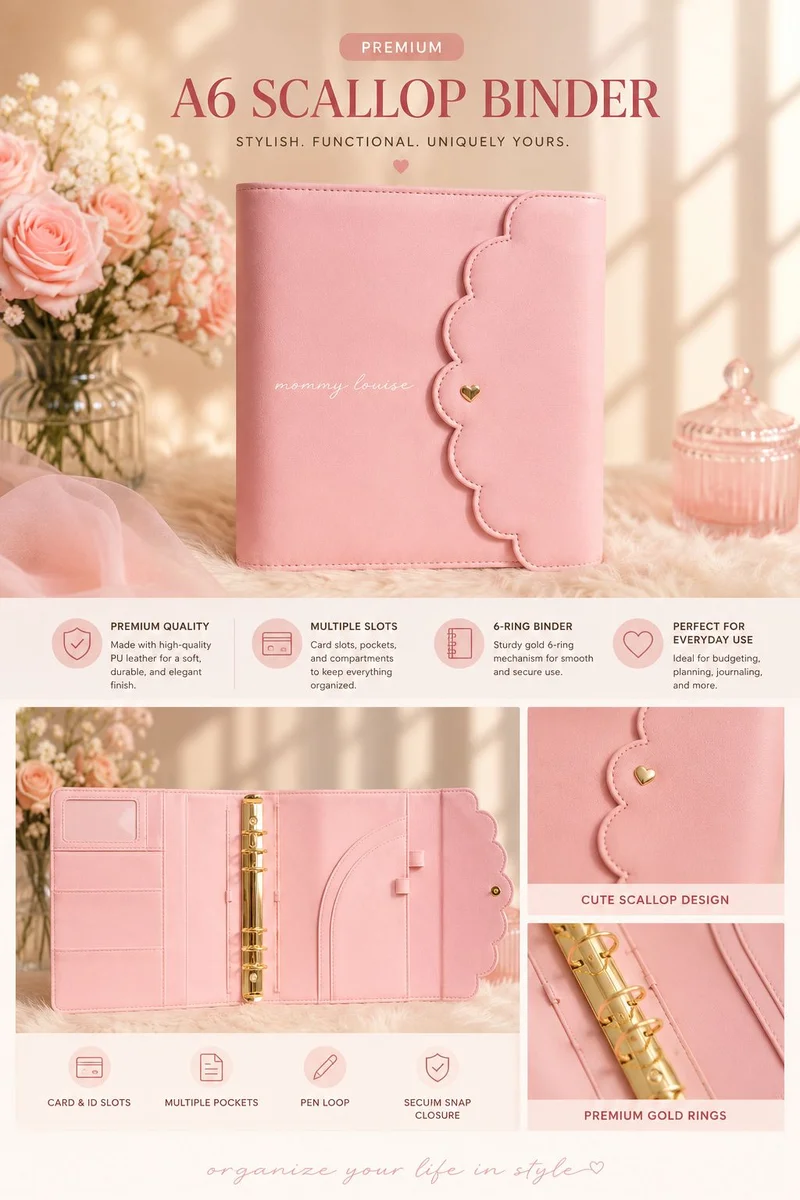 Pink A6 Scallop Binder with Gold Rings
