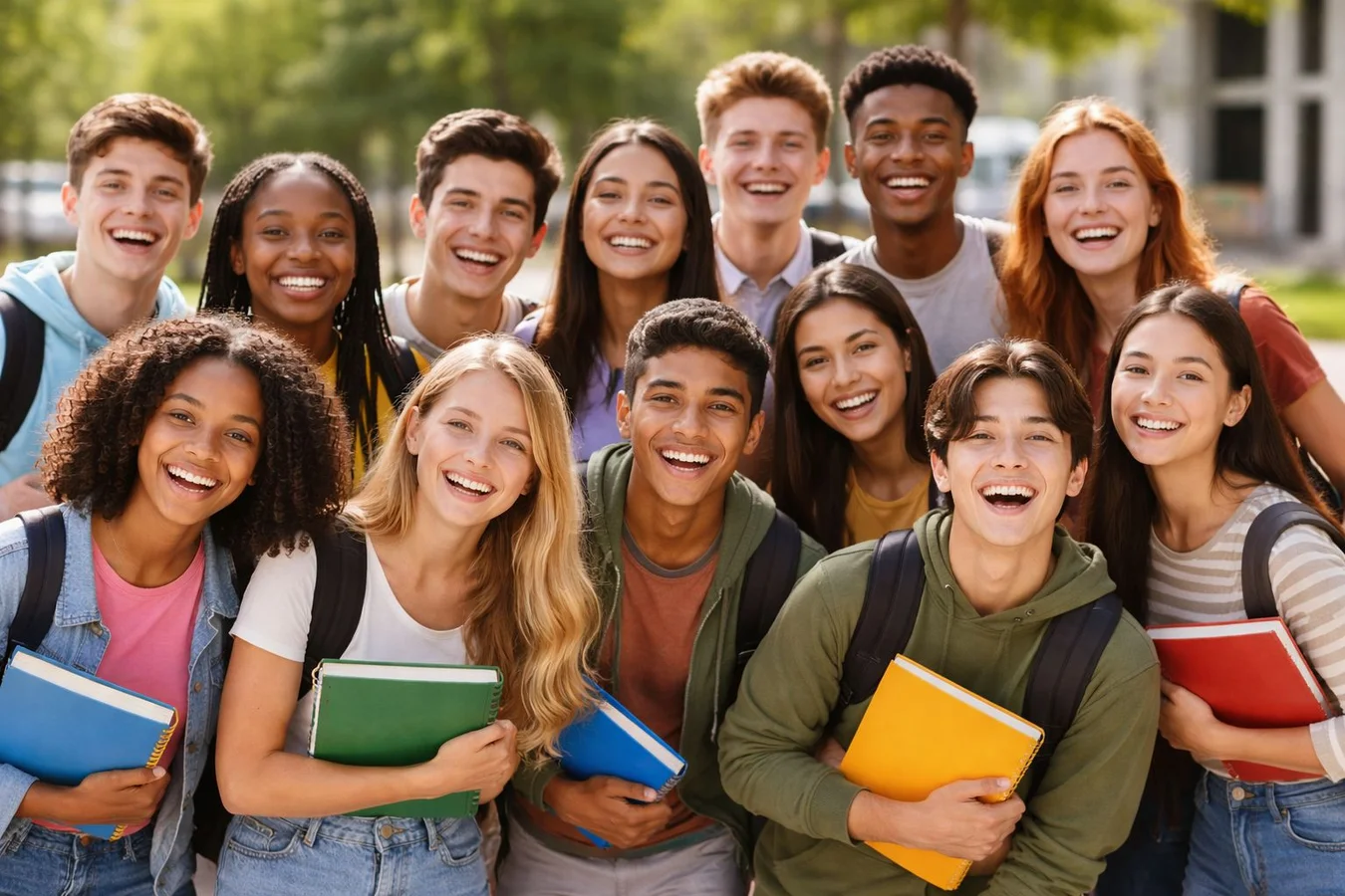 Diverse group of happy high school students holding books