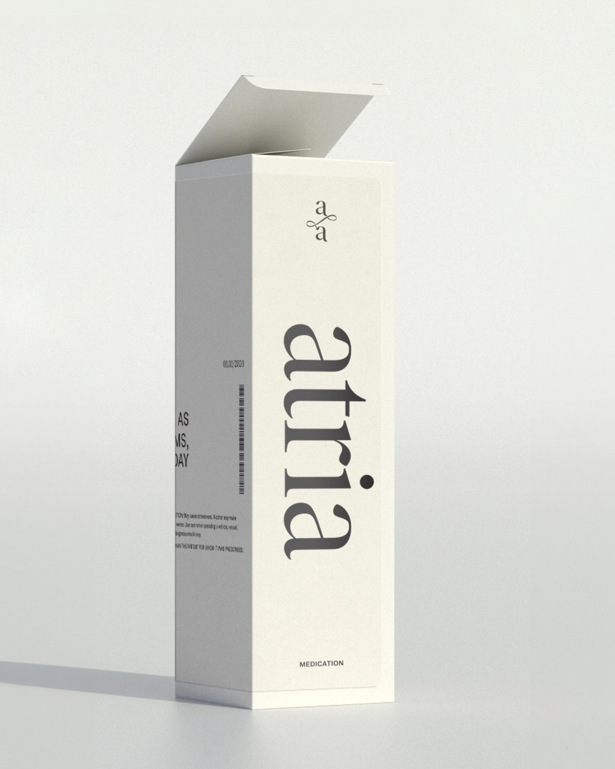 Packaging design of an elevated and branded white medication box with instructions on a plain white background