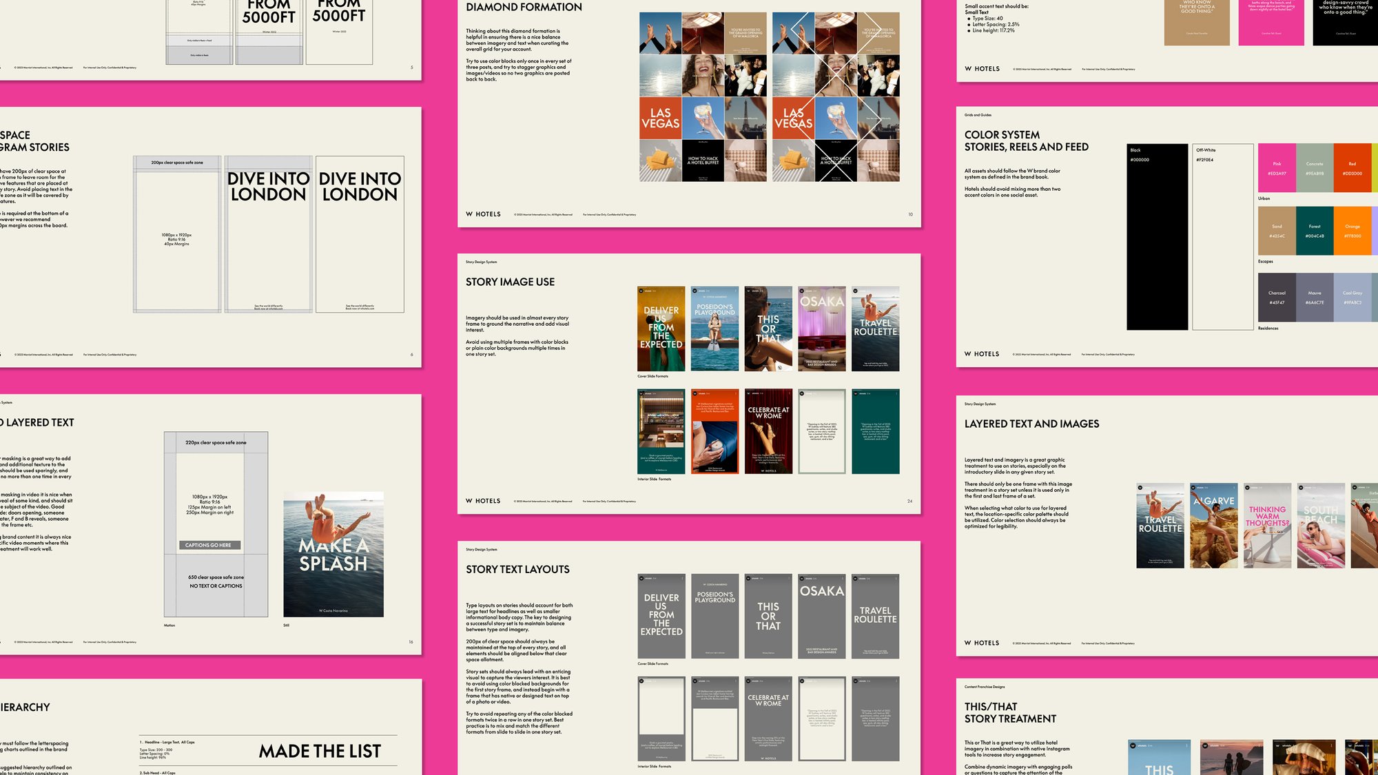 W Hotels social Media strategy, graphic design frameworks, brand text requirements, and content management plans in a slide deck format from us, their marketing and social agency