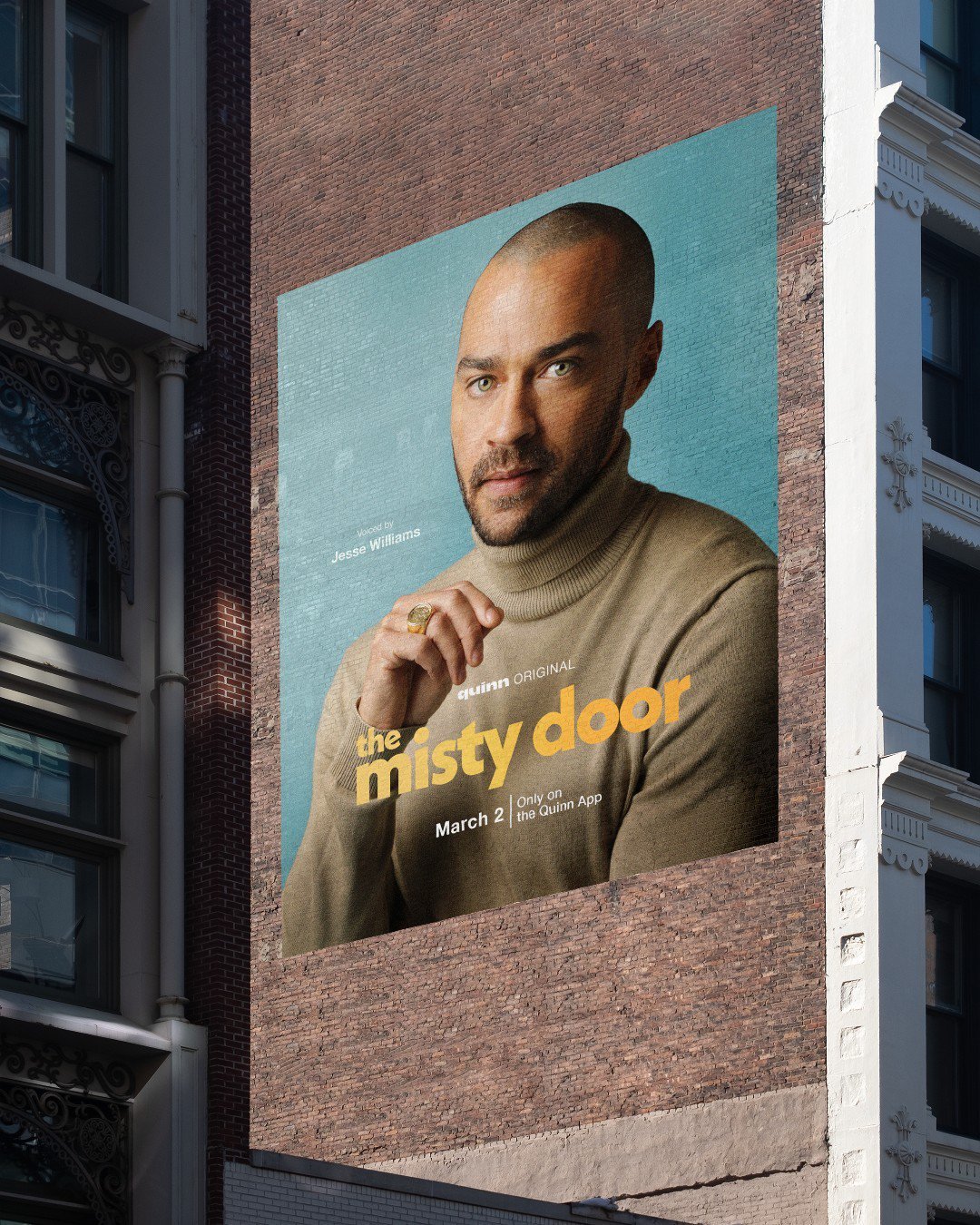 A billboard of Jesse Williams for Quinn Originals The Misty Door episode 1-3 in New York City