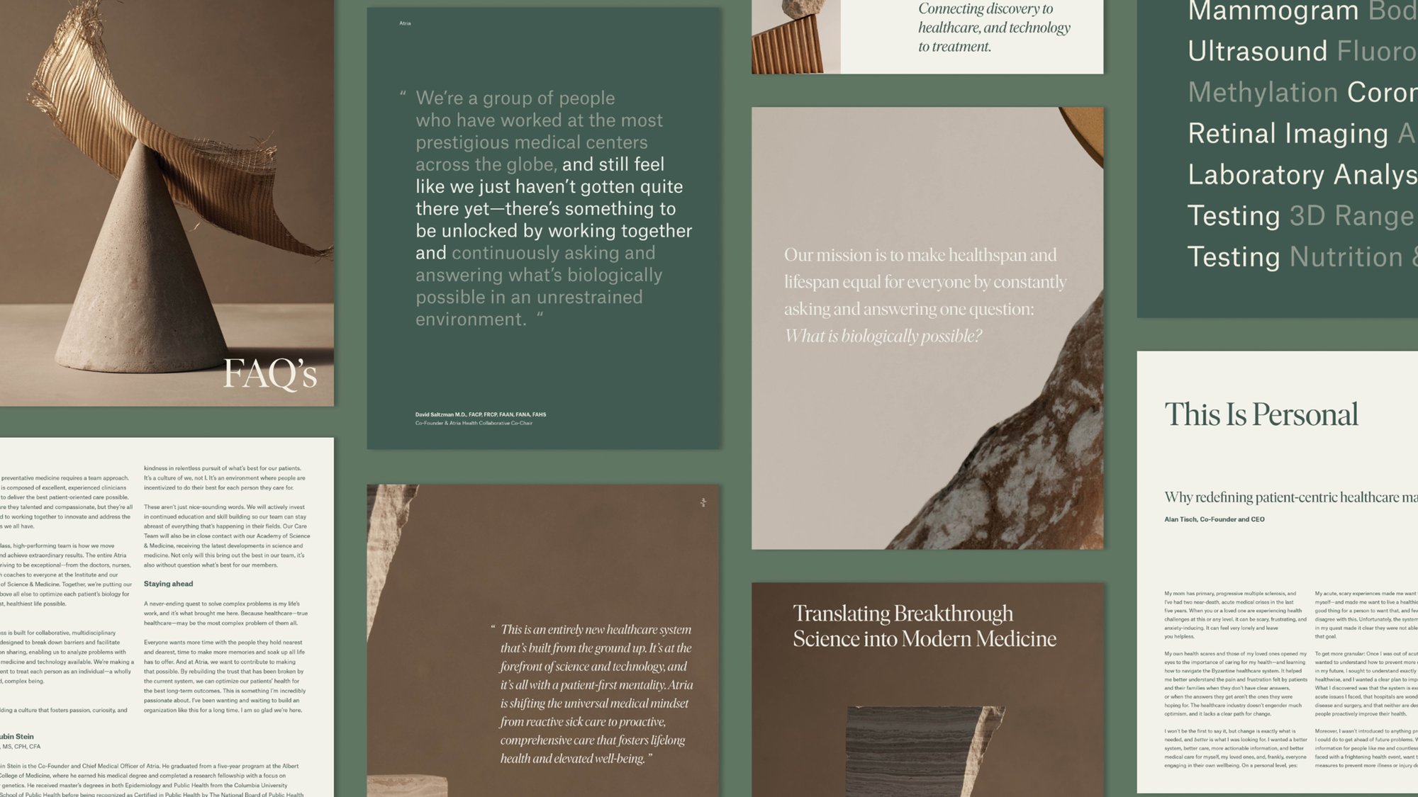 Brand identity and educational brochure pages that include quotes from the team, letters to patients, facts about the company, project management FAQs, production needs, and a list of offerings