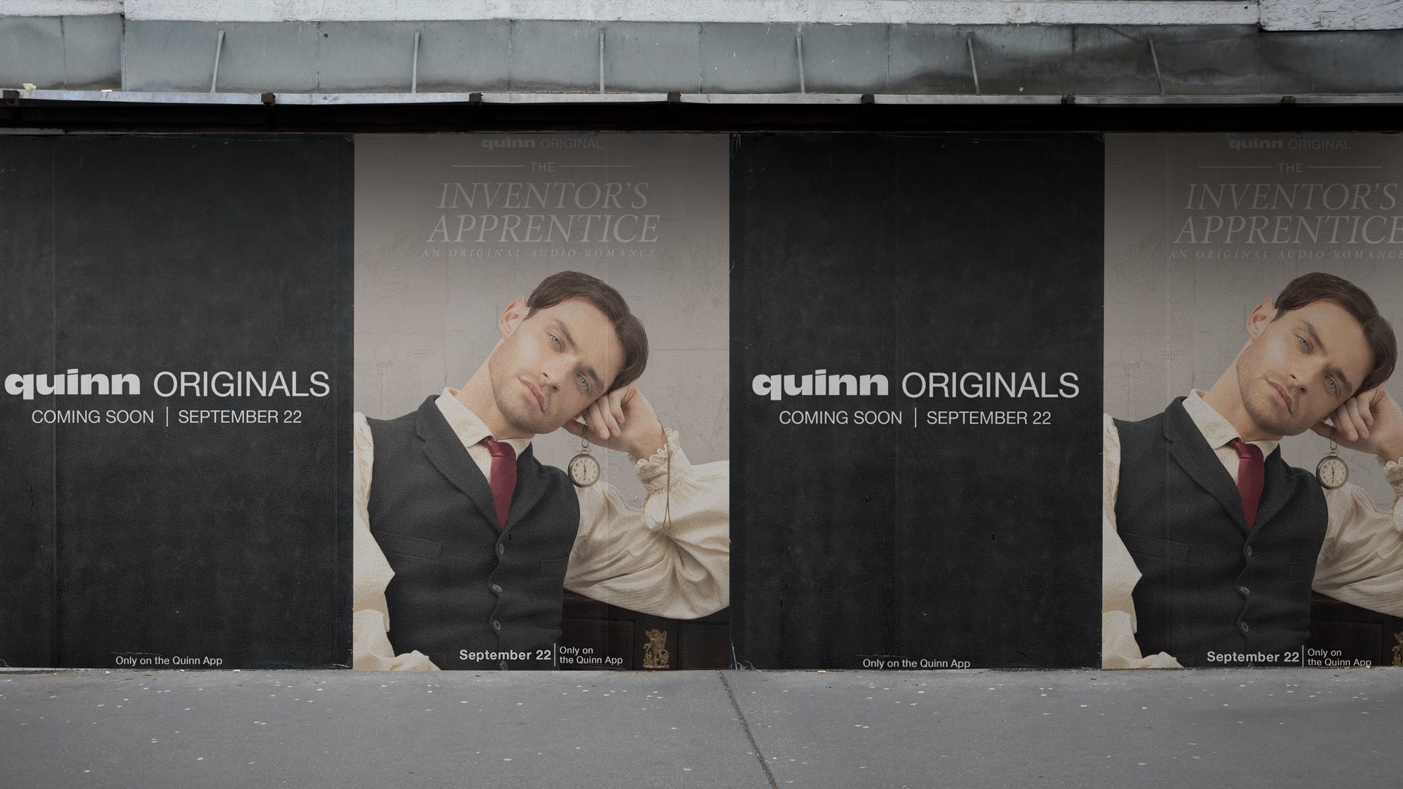 Billboards for a Quinn Original audio that alternates between the launch date and Thomas Doherty in a dressy blazer and tie with a clock