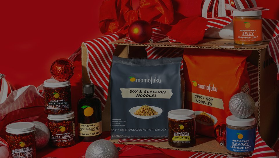 Holiday gifts with Momofuku products stacked