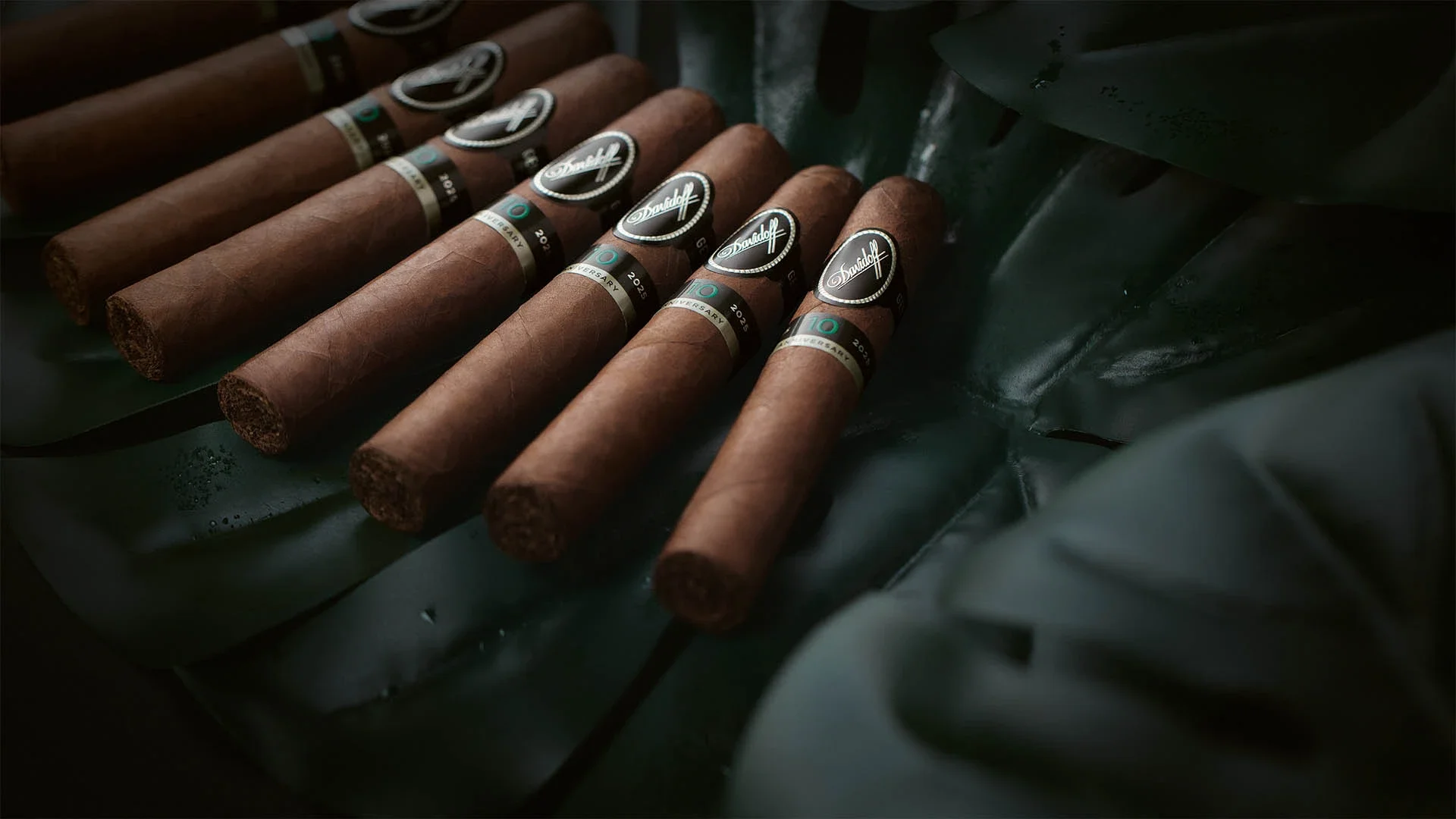Close-up of neatly arranged Davidoff cigars on dark green leaves, featuring elegant logos and a rich, textured finish.
