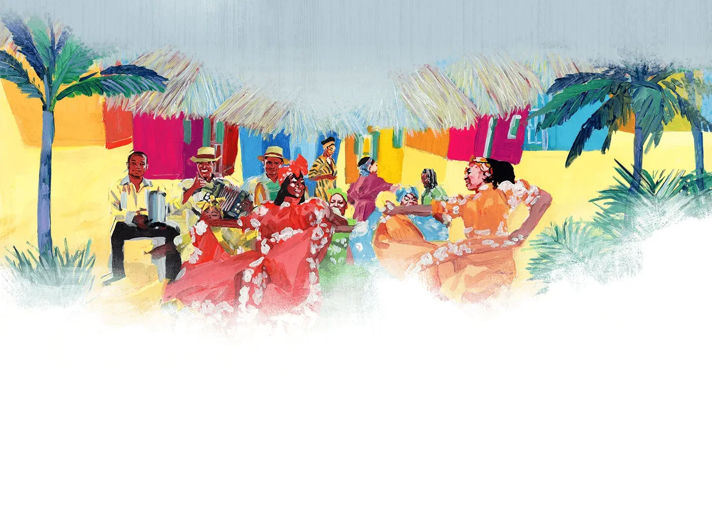 Colorful artwork of the dominican lifestyle - dancing women with musicians in the background and palms and houses.
