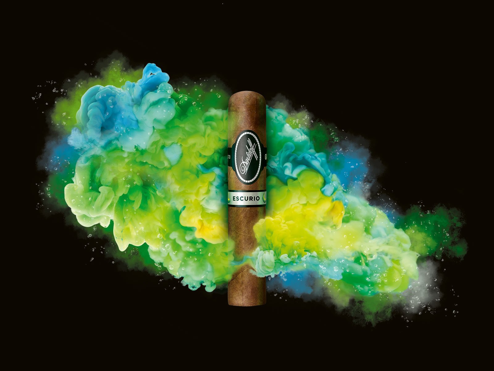 Davidoff Escurio cigar with a splash of blue and green ink around it