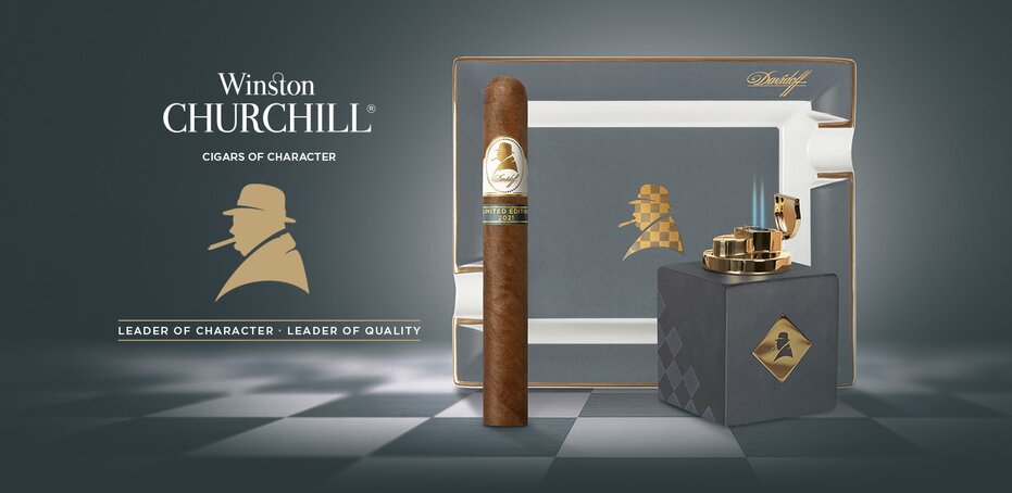 Front view of a banner of the Davidoff Winston Churchill Limited Edition 2021 with an ashtray, a fire pointer and a cigar. 