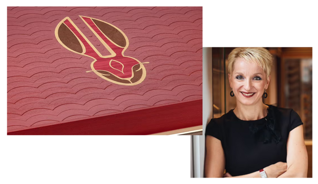 Close up of the Davidoff Year of the Rabbit icon on the Masterpiece Humidor. Next to it is a portrait of artist Rose Saneuil.