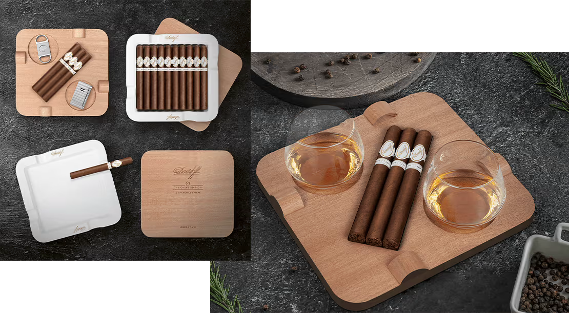 Two photos side by side. A view from above of the opened box of Davidoff Chef's Edition 2021 cigars. The lid serves as an ashtray. The second photo shows three cigars between 2 filled whisky glasses. 