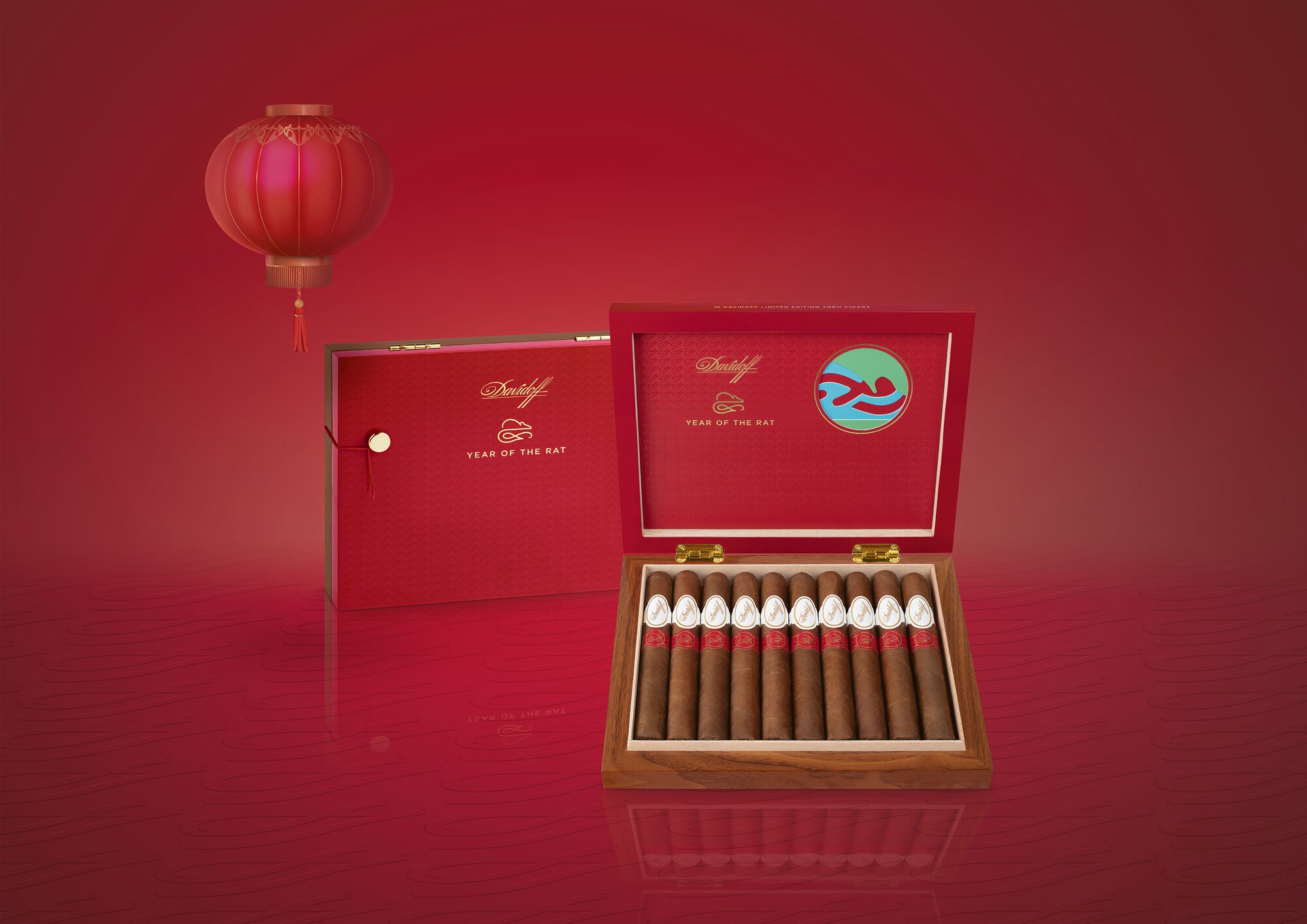 The Davidoff Year of the Rat Limited Edition 2020 cigars are displayed in their opened box. A view of the front of the red packaging, opened to reveal the cigars within.