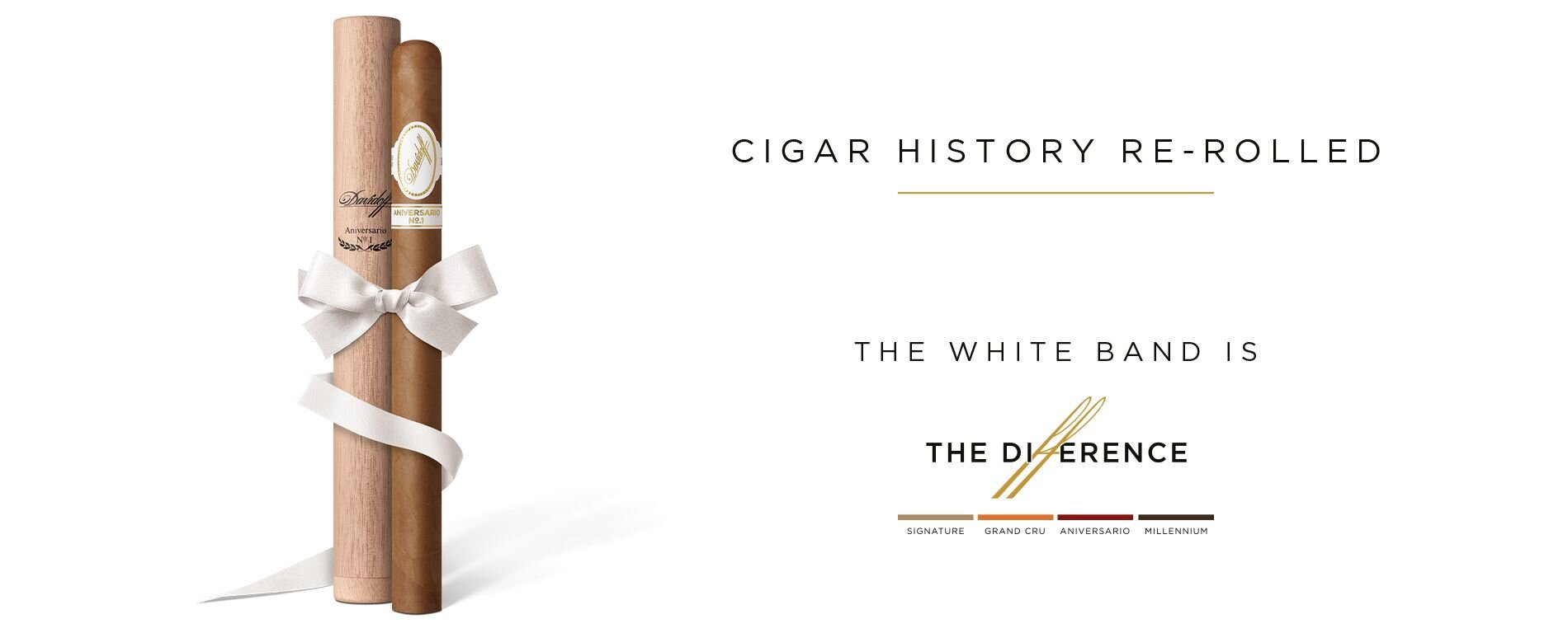 A Davidoff Aniversario No.1 Limited Edition Collection placed next to its wooden tubo wrapped with a white ribbon.