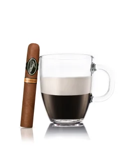 Davidoff Nicaragua Toro cigar beside a frothy Biscuit cocktail in a clear cup on a white background.