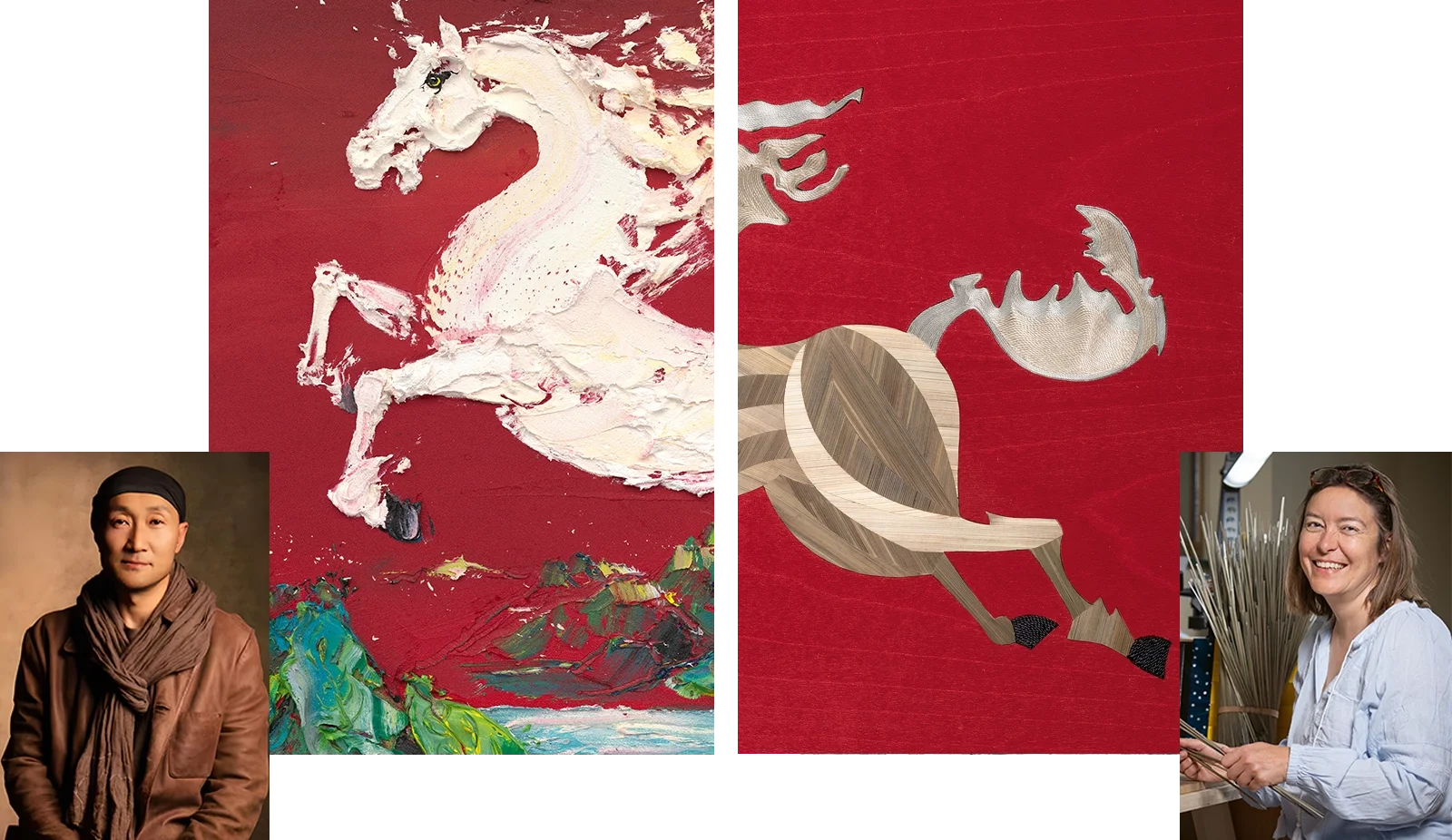 Two vibrant artworks: a white horse on red and a stylized galloping horse with nature scenes below.