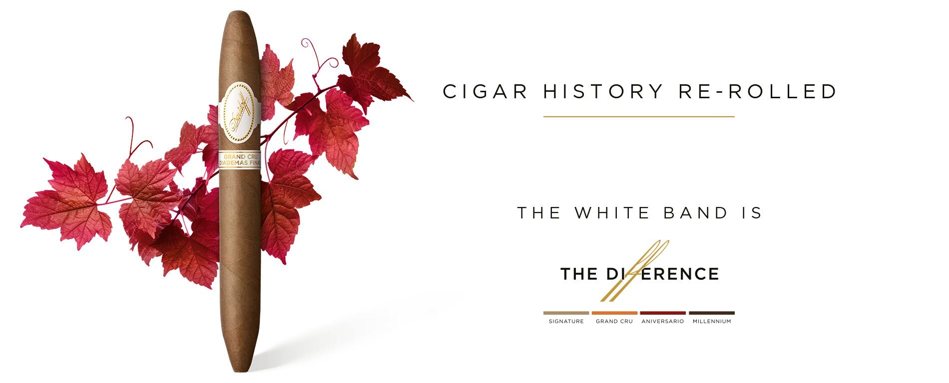 The Davidoff Grand Cru Diademas Finas Limited Edition Collection cigar in front of red vine leaves.