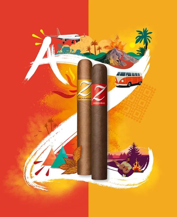 A photo of two pre-cut Zino Half Corona cigars placed in front of their yellow tin. The image is embedded in the eye-catching graphic of Zino Nicaragua, which displays a small A which is connected to a bigger Z with some entertaining graphics depicting an adventurous lifestyle around.