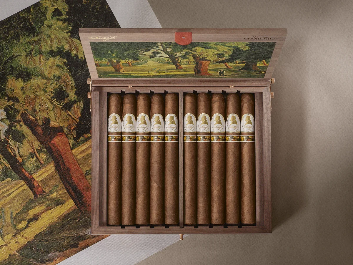 Ten Davidoff Winston Churchill Limited Edition cigars in their opened box.