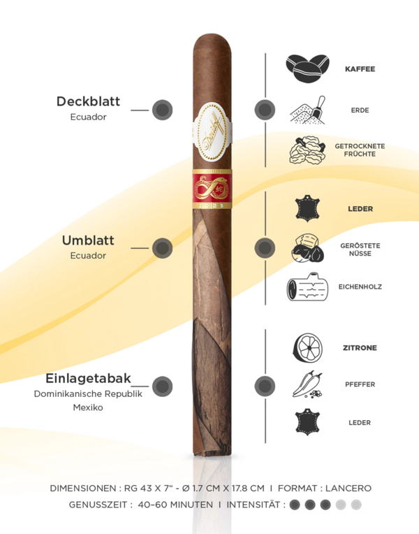 Taste Banner der Davidoff Year of the Snake inklusive Informationen zu Hauptaromen, Intensität, Genussdauer und Tabakherkunft.