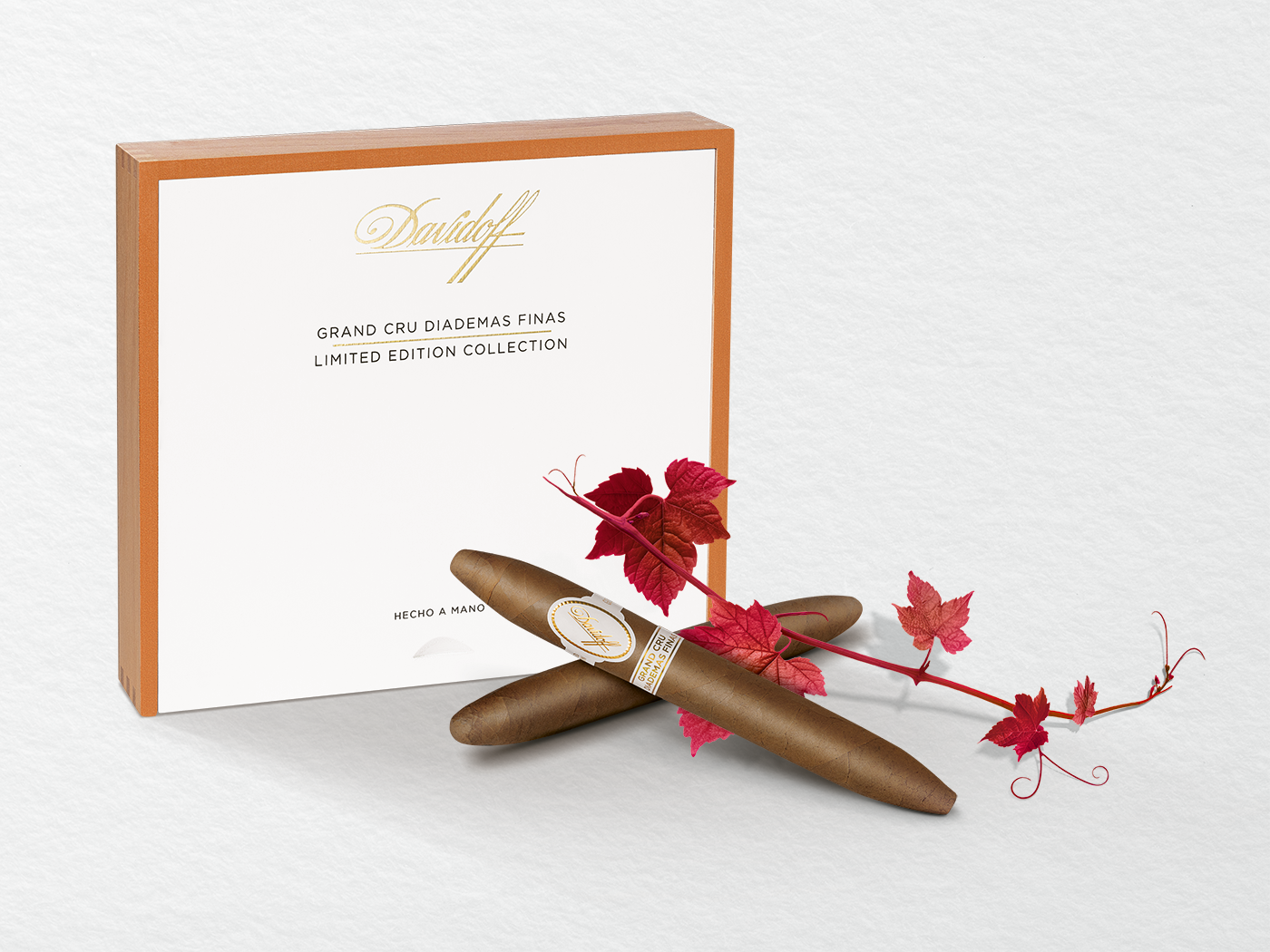 Two cigars of the Davidoff Grand Cru Diademas Finas Limited Edition Collection placed crosswise in front of their box, accompanied by red vine leaves.