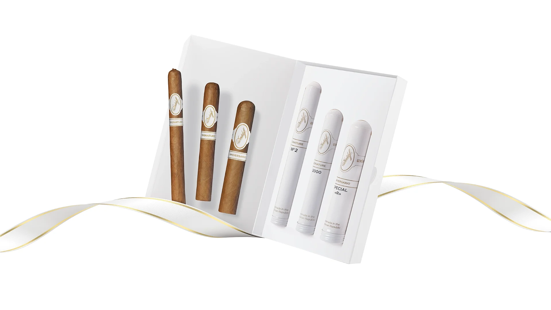 An elegant gifting box featuring Davidoff Tubos cigars, beautifully presented in refined packaging and finished with a sophisticated ribbon.