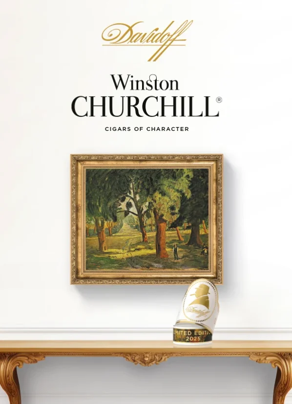 The rings of the Davidoff Winston Churchill Limited Edition 2025 churchill cigar on a shelf next to a painting by Sir Winston.