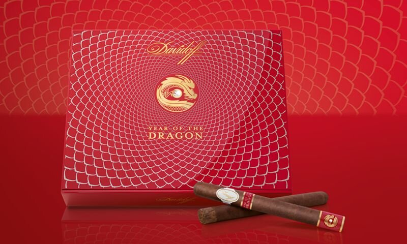 A close-up of the Davidoff Year of the Tiger Limited Edition cigar box with a pyramid cigar on top. 