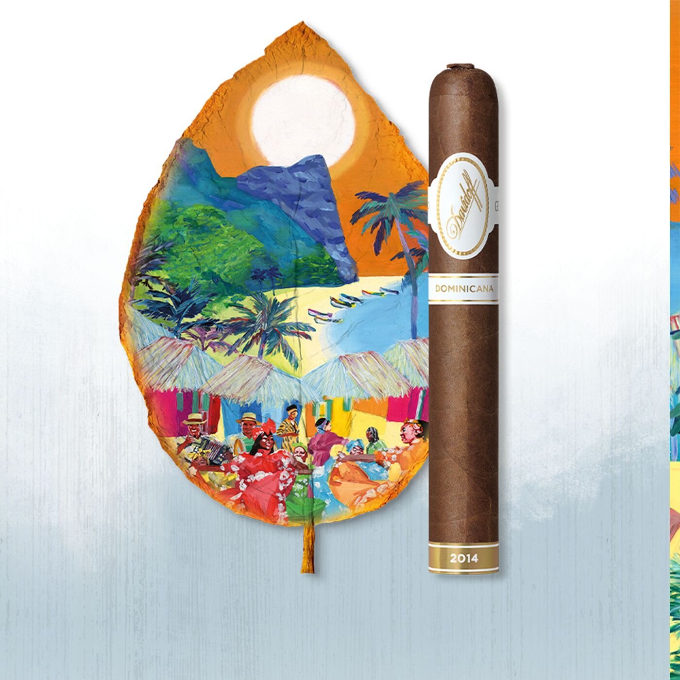 Colorful artwork of the Dominican lifestyle as illustration on a tree leaf - dancing women with musicians in the background palm trees and houses as artificial illustration next to the artwork is a cigar. 