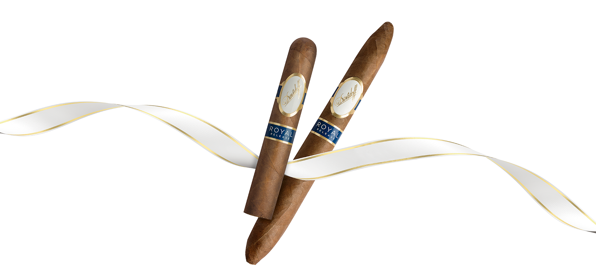 Davidoff Royal Release Robusto and Salomones placed side by side with white/gold ribbon in the background.