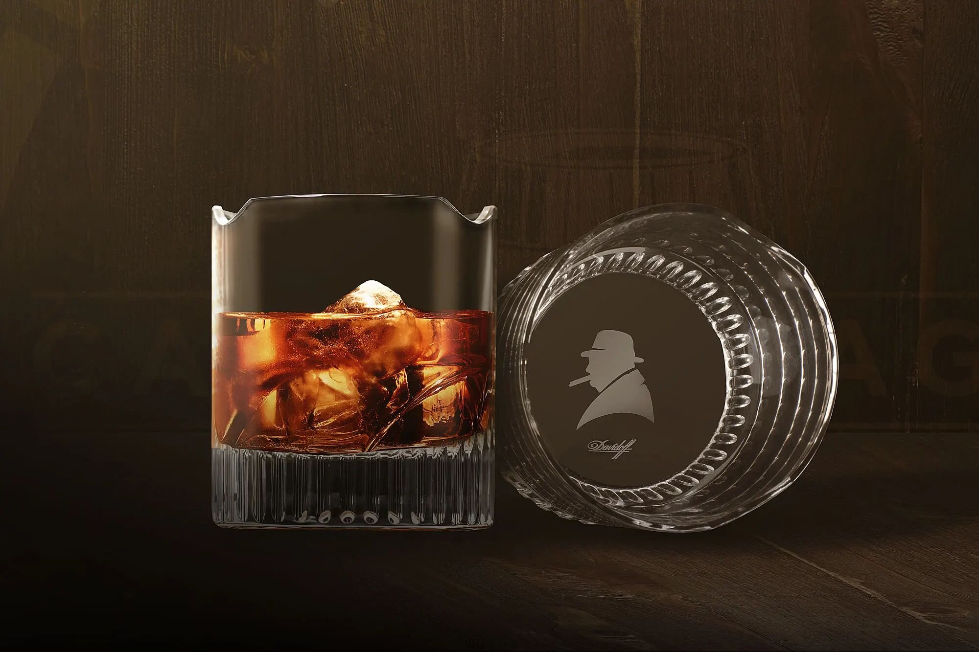 Two Davidoff Spirit Glasses on a wooden floor.