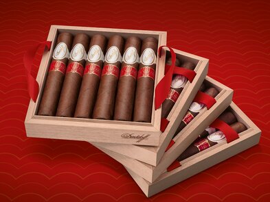 Opened box of the Davidoff Year of the Rabbit Flagship Exclusive with cigars inside.