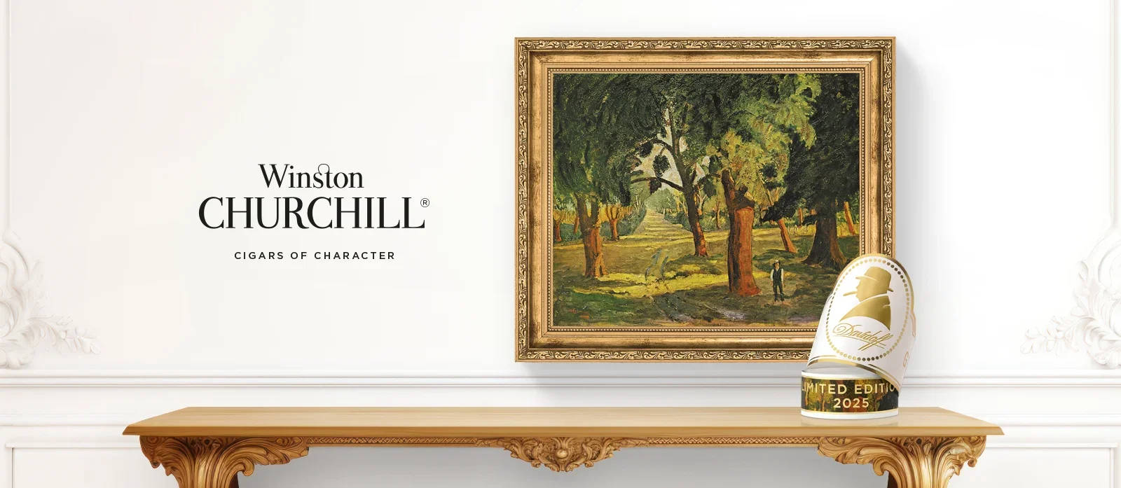 The rings of the Davidoff Winston Churchill Limited Edition 2025 churchill cigar on a shelf next to a painting by Sir Winston.