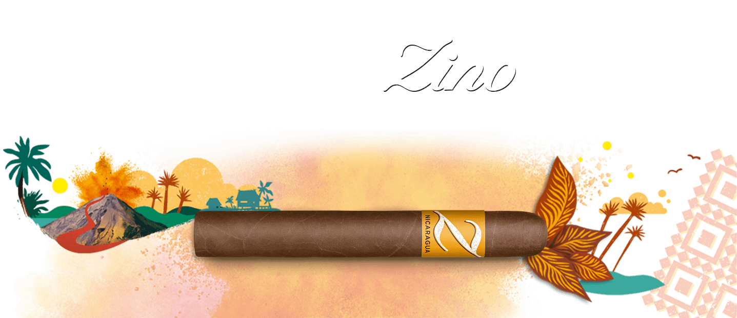 Live Life from A to Zino - Illustration of a Zino Nicaragua Cigar with some drawings of volcano, palms and tobacco leaves.