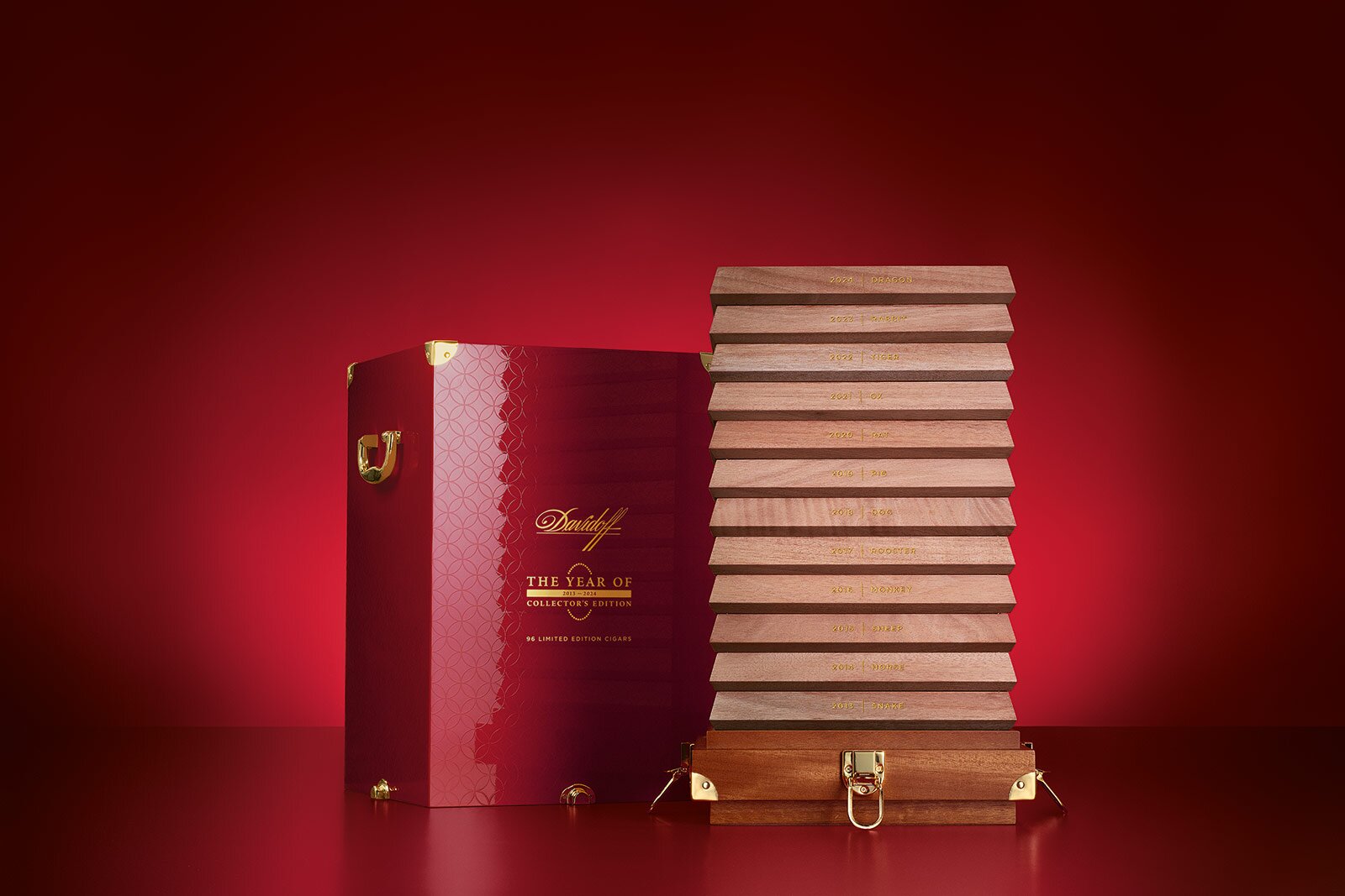 The open red cabinet of the Davidoff The Year of Collector’s Edition.