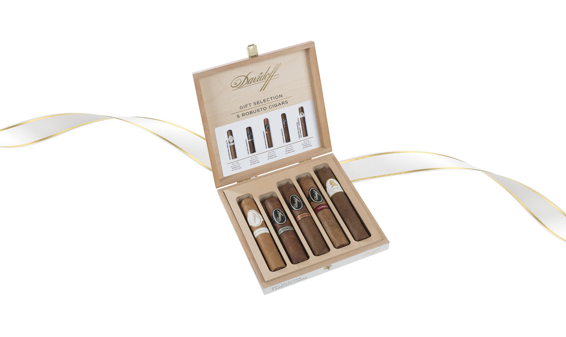 Opened Davidoff Gift Selection wooden box with 5 Robusto cigars inside. White/gold ribbon in the background.