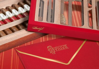 Opened box of the Davidoff Year of the Rabbit Flagship Exclusive with all four trays stacked on top of one another and filled with cigars.
